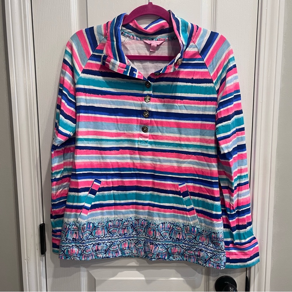 Lilly Pulitzer Captain’s Popover Sandy Shell Stripe Sweatshirt Medium Coastal